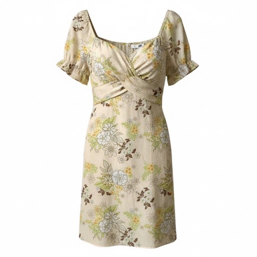 MADDEN NYC Mini Dress Large Puff Sleeve Ivory Yellow Floral Babydoll Milkmaid